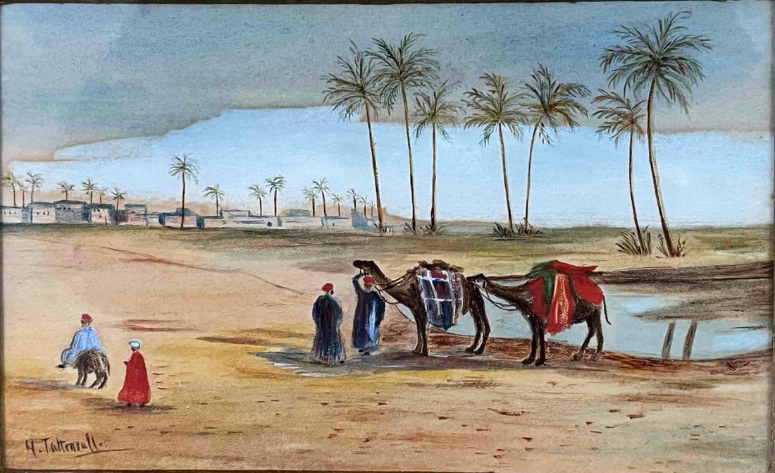 Desert Landscape With Camels, Ca. Early 20th C., Watercolor: Desert Landscape With Camels, Ca. Early 20th C., Watercolor On Paper. As framed approximately 16.5W x 13.25H x 0.75D in. Sight approximately 9.0W x 5.5H in.