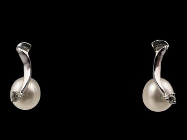 14K White Gold Pearl & Diamond Earrings
