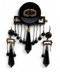 Victorian 10K Black Onyx Brooch & Earrings