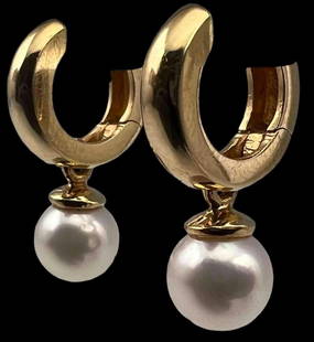 14K Pearl Earrings: 14K Pearl Earrings, 3.9g. Marked 585. Approximately 20.0L x 3.0W mm. Pearls approximately 6.6mm. ALL CREDIT CARDS WILL BE MANUALLY VERIFIED PRIOR TO SHIPMENT.