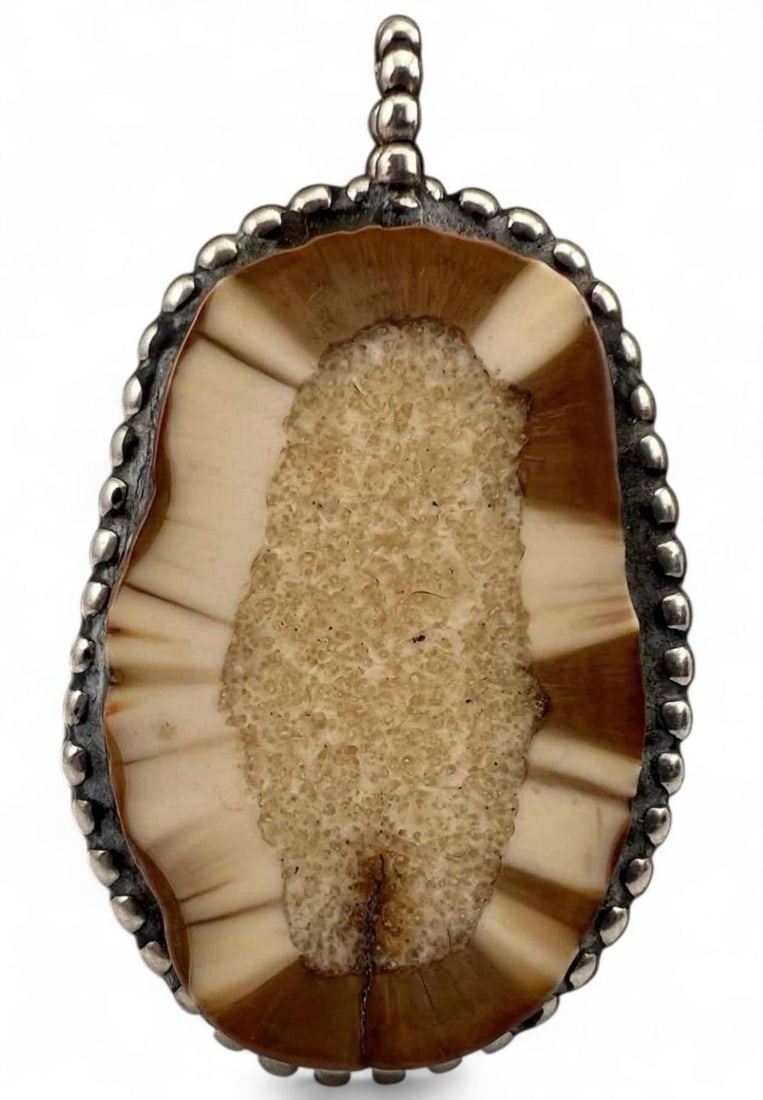 Sterling Silver Petrified Antler Pendant: Large Sterling Silver Petrified Antler Pendant, 63.7g. Unmarked, tests as sterling. Approximately 3.125L x 1.75W in. (including bale).