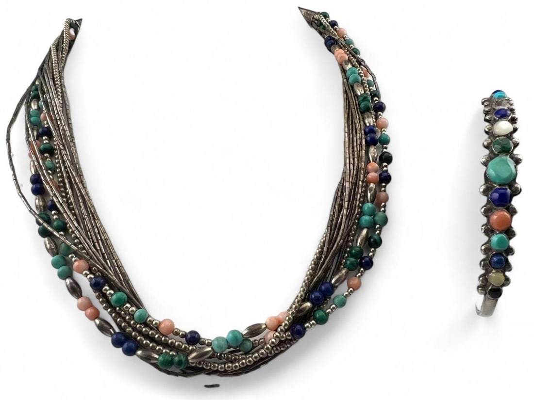 Southwestern Sterling Silver Multi Stone Necklace & Cuff Bracelet (1 of 7)