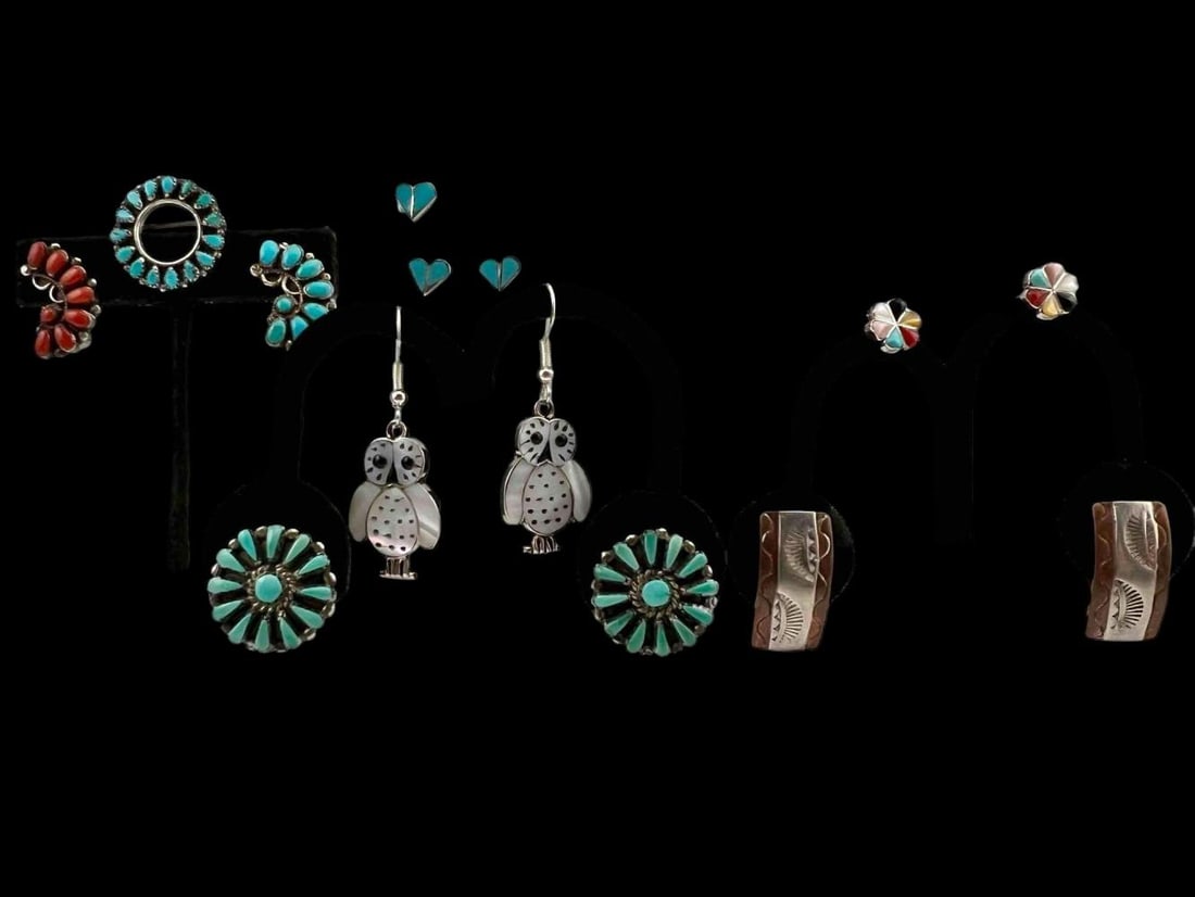 Native American Sterling Silver Jewelry: Native American Sterling Silver Jewelry, 23.8g. Weight excludes hand stamped silver & copper ear clips. Marked or test as sterling. Mother of pearl inlay owl earrings signed "RK." Largest piece (brooc