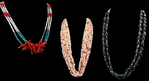 Three Native American Coral & Turquoise Bead Necklaces