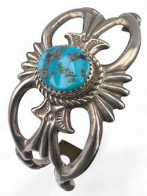 Navajo Sand Cast Sterling Silver Turquoise Cuff Bracelet