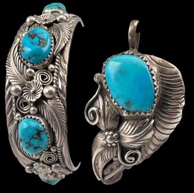 Native American Sterling Silver Turquoise Cuff Bracelet & Pendant