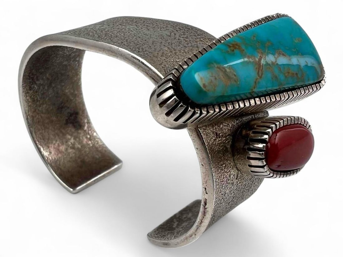 Floyd Parkhurst, Native American Sterling Silver Turquoise Coral Cuff Bracelet (1 of 8)