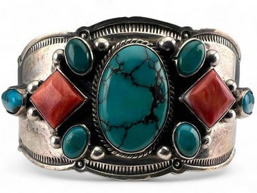 Aaron Toadlena, Navajo Sterling Silver Turquoise & Coral Cuff Bracelet
