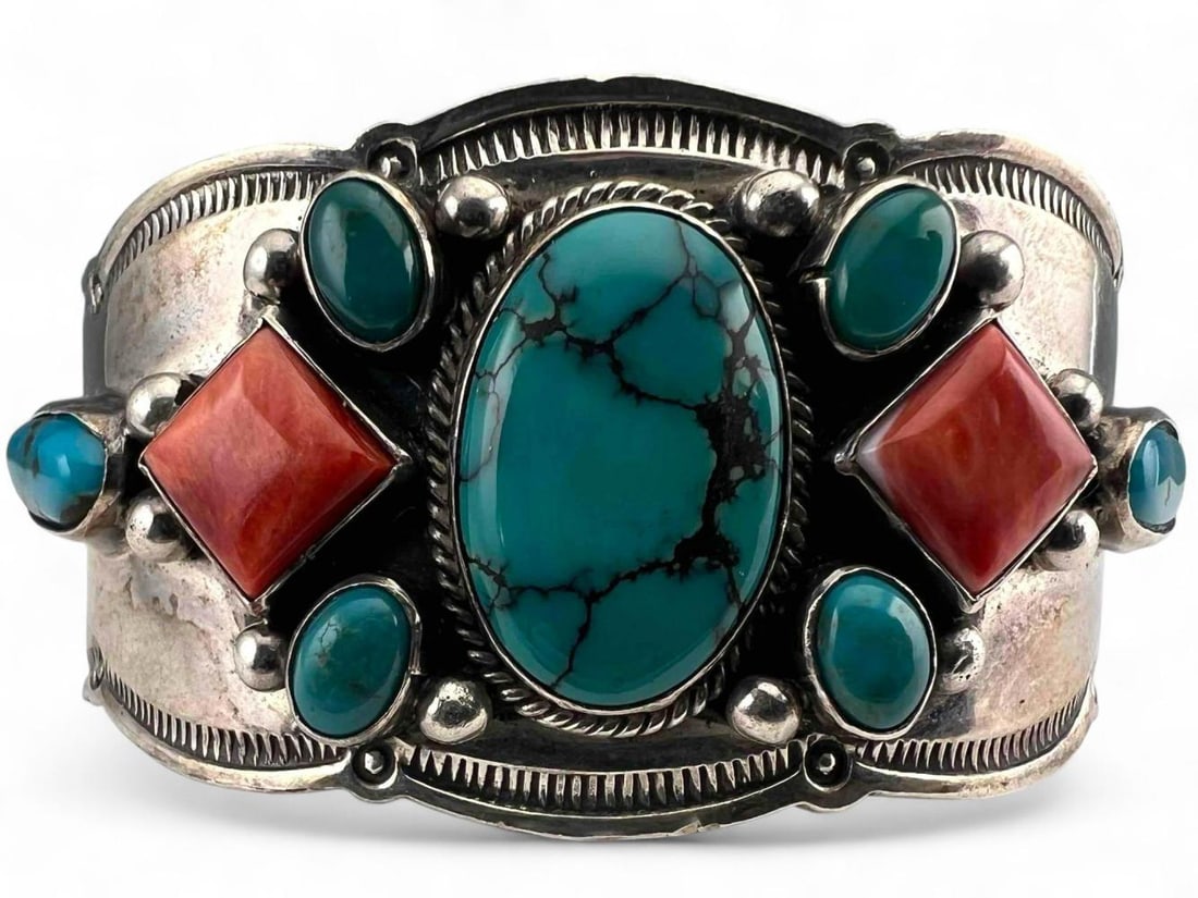 Aaron Toadlena, Navajo Sterling Silver Turquoise & Coral Cuff Bracelet (1 of 6)