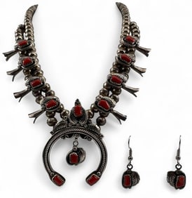 Native American Sterling Silver Coral Squash Blossom Necklace & Earrings