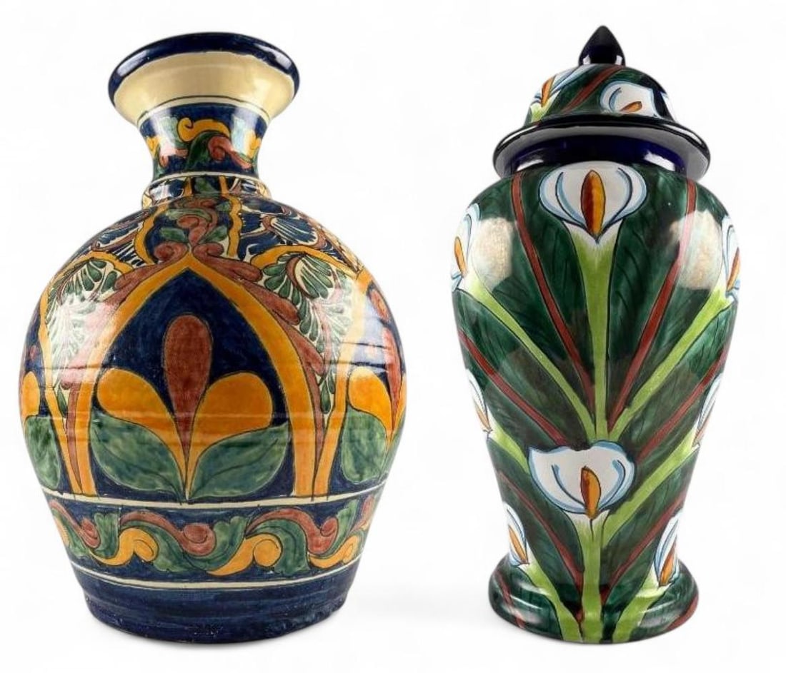 Large Mexican Talavera Pottery Lidded Urn: Large Mexican Talavera Pottery Vase & Lidded Urn With Calla Lily Motif. Vase marked "Casal Solo Decoracion H. Mexico." Urn approximately 20.0H x 9.5W in. Vase approximately 19.5H x 13.75W in.