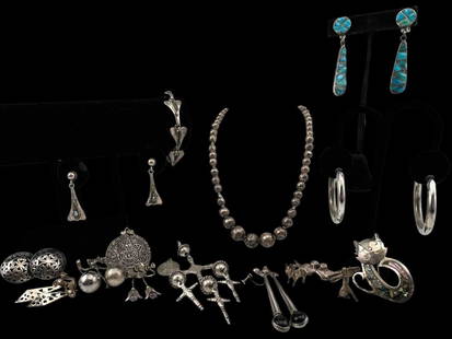 Lot Of Vintage Taxco & Other Mexican Silver Jewelry: Lot Of Vintage Taxco & Other Mexican Silver Jewelry, 148.4g. Marked or test as silver. Largest piece (pendant) approximately 4.375L x 2.125W in. Smallest piece (donkey charm) approximately 0.625 x 0.7
