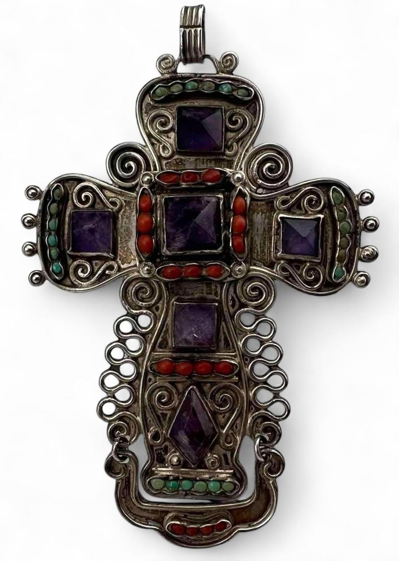 Matilde Poulat (Mexican, c. 1900-1960), Matl Sterling Silver Gem Set Cross Pendant (1 of 4)