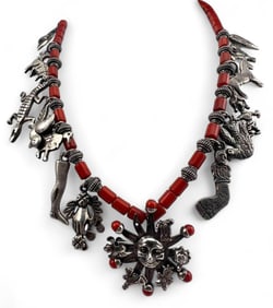 Vintage Mexican Sterling Silver Coral Milagros Necklace