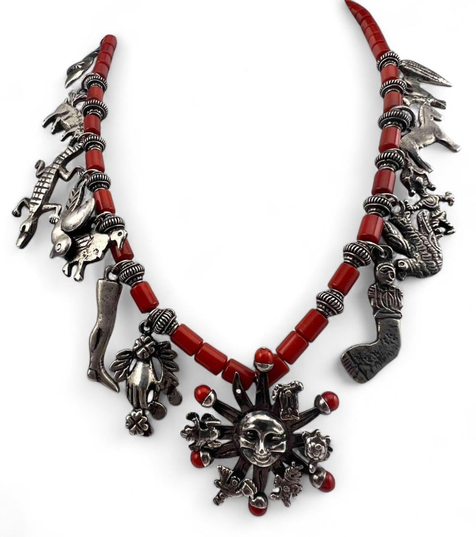 Vintage Mexican Sterling Silver Coral Milagros Necklace (1 of 11)