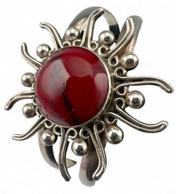 Vintage Mexican Sterling Silver Red Jasper Cuff Bracelet