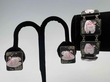 Japanese Silver Swan Bracelet & Earrings Set