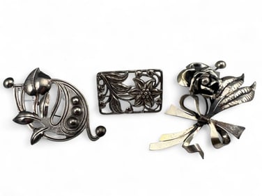 Three Large Sterling Silver Brooches Including Danecraft
