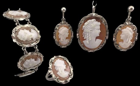 German Silver Shell Cameo Jewelry Suite