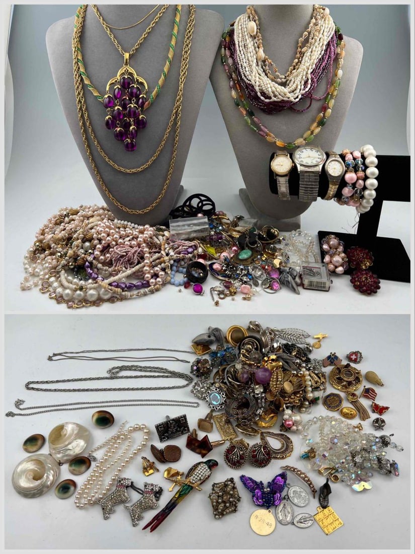 Lot Of Vintage Costume Jewelry: Lot Of Vintage Costume Jewelry. Includes Bracelets, Necklaces, Earrings, Watches, Rhinestones, Faux Pearls, and more.