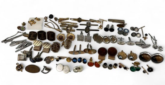 Lot Of Cuff Links, Tie Clips & Pins Including Sterling Silver