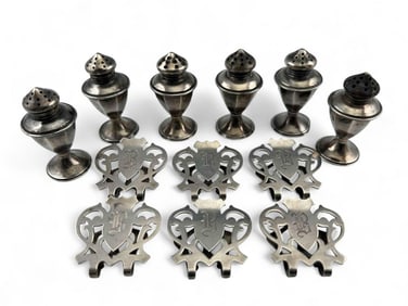 Set Of Six Lunt Sterling Silver Place Card Holders & Sterling Salt Shakers
