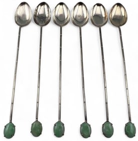 Set Of Six Chinese Silver & Jade Ice Tea Spoons