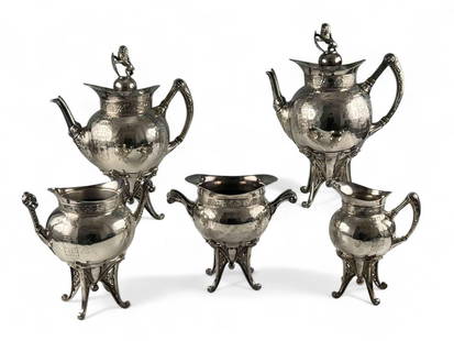 Rogers Smith & Co. Victorian Five Piece Silver Plate Tea Set: Rogers Smith & Co. Victorian Five Piece Silver Plate Tea Set. Largest piece approximately 12.625H x 9.5W in. Smallest piece approximately 6.875H x 5.25L x 3.75W in.