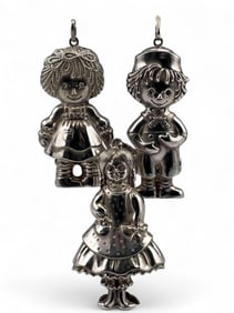 Sterling Silver Raggedy Anne & Andy, R.M. Trush Doll Ornaments