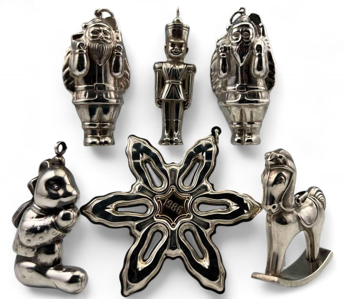 Sterling Silver Christmas Ornaments Including R.M. Trush Cazenovia, Gorham: Sterling Silver Christmas Ornaments Including R.M. Trush Cazenovia, Gorham, 93.2g total weight. Rocking Horse and toy soldier ornaments marked "R.M. Trush Sterling." Star marked "Gorham Sterling Gold