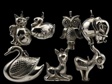 Seven Figural Sterling Silver Animal Christmas Ornaments