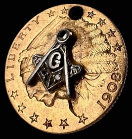 U.S. 1908 2 1/2 Dollar Gold Coin With Diamond Freemason Symbol
