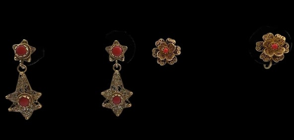 Two Pairs 10K Coral Filigree Earrings