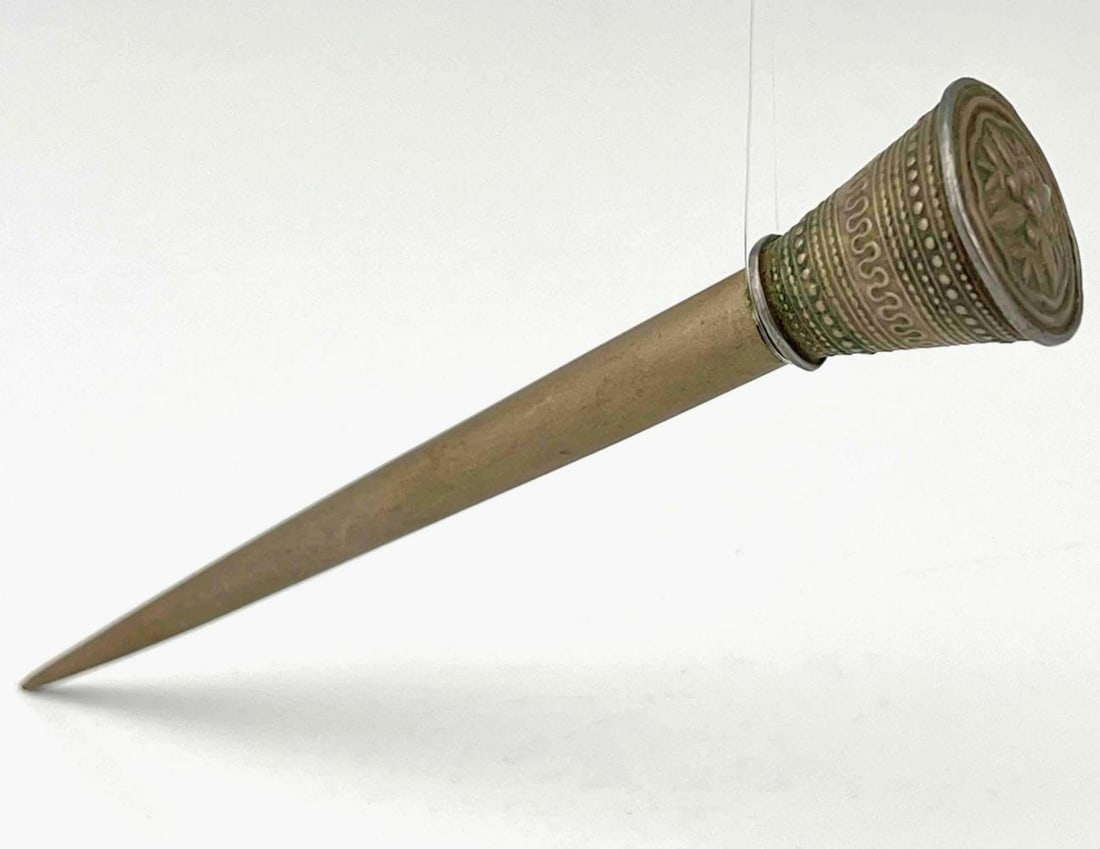 Vietnamese Metal Hair Pin With Chased Flower Decoration: Vietnamese Metal Hair Pin With Chased Flower Decoration. Copper, Nickel, & Zinc. Approximately 5.125L x 1.0W in.