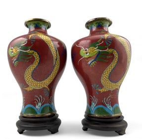 Pair Of Chinese Cloisonne Vases With Dragon Motif