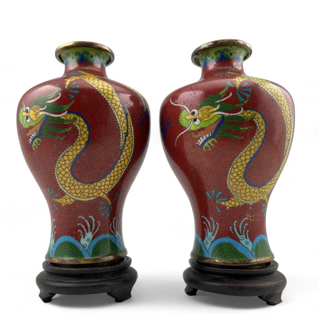Pair Of Chinese Cloisonne Vases With Dragon Motif: Pair Of Chinese Cloisonne Vases With Dragon Motif. Each approximately 6.375H x 3.875W in. Height with stand approximately 7.25in.