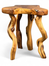 Live Edge Side Table, Inlaid With Turquoise & Fossils