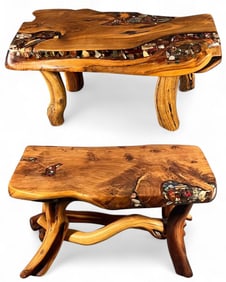 Two Associated Live Edge Side Tables, Set With Turquoise, Pottery Shards & Stone