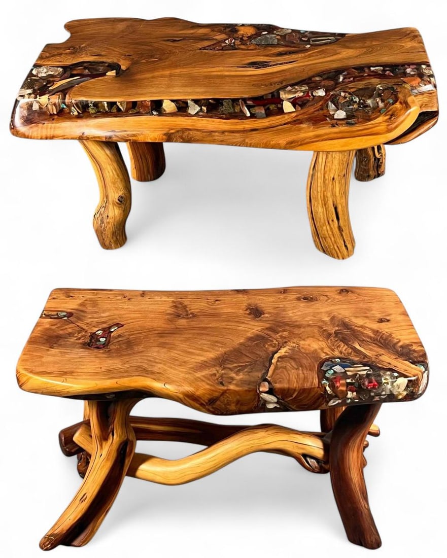 Two Associated Live Edge Side Tables, Set With Turquoise, Pottery Shards & Stone (1 of 20)