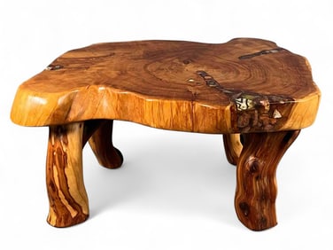 Live Edge Slab Coffee Table Set With Pottery Shards, Fossils & Stones