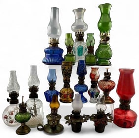 Grouping Of Miniature Oil Lamps, Including Cobalt Blue Glass & Petit Choses