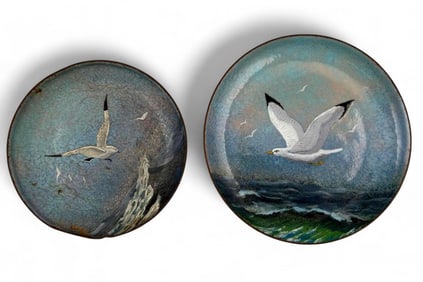 Serge Nekrassoff, Two Mid Century Painted Enamel Plates With Seagulls