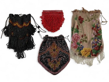 Four Antique Beaded Drawstring Handbags