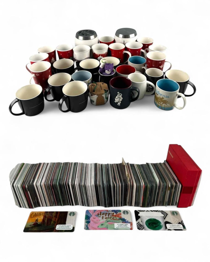 Starbucks Collectible Gift Cards & Mugs: Starbucks Collectible Gift Cards & Mugs. Largest piece (cookie jar) approximately 7.375H x 5.75W in.