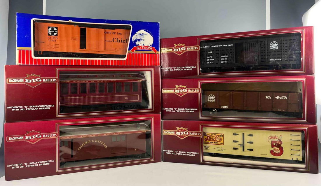 Five G Scale Bachmann Big Hauler & RO Train Cars With Original Boxes: Five G Scale Bachmann Big Hauler & RO Train Cars With Original Boxes. includes: Bachmann Rio Grande High Side Gondola, AA93748; Bachmann Atchinson Topeka Santa Fe Baggage & Express Car, 97402; Bachman