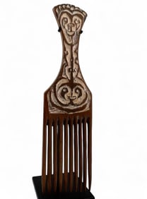 Gulf Of Papua New Guinea, Carved Wood Comb With Spirit Face & Lime Decoration
