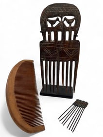 Grouping Of Combs, Including Ashanti Carved Wood Comb With Birds