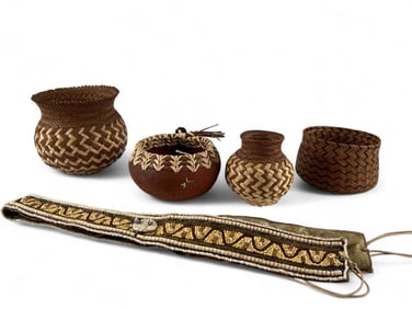Grouping Of Baskets, Pot & Beaded Belt