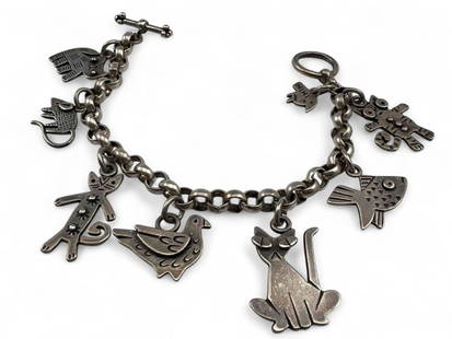 Sterling Silver Cat Charm Bracelet: Sterling Silver Cat Charm Bracelet, 36.9g. Marked 925, signed "Mimi." Length approximately 7.5in. Largest charm approximately 1.0L x 0.75W in. Smallest approximately 0.4H x 0.42W in.