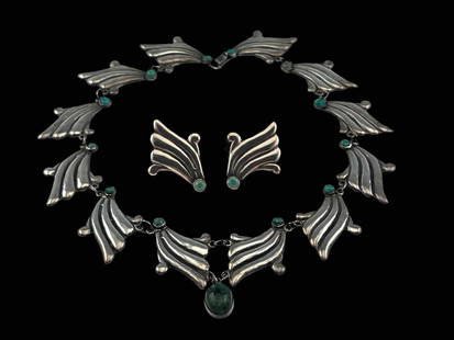 Vintage Mexican Silver And Turquoise Necklace & Ear Clips: Vintage Mexican Silver And Turquoise Necklace & Ear Clips Set, 69.7g. Marked "Silver Mexico." Tests as 90 percent silver. Necklace length approximately 15.5in. Earrings approximately 1.625L x 1.125W